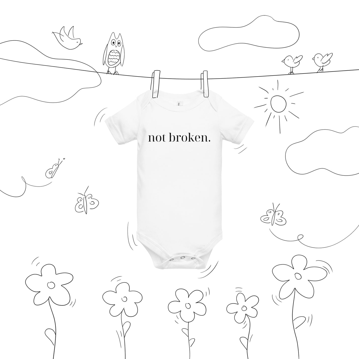 "not broken." Baby short sleeve one piece